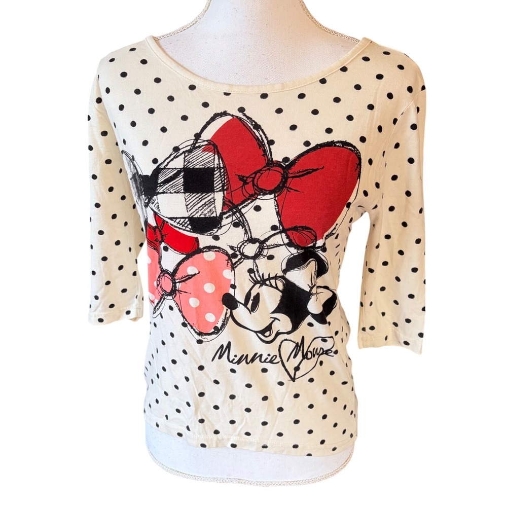 Disney Parks Minnie Mouse Polka Dot 3/4 Sleeve Top Sz Small Cream Black Red Bow